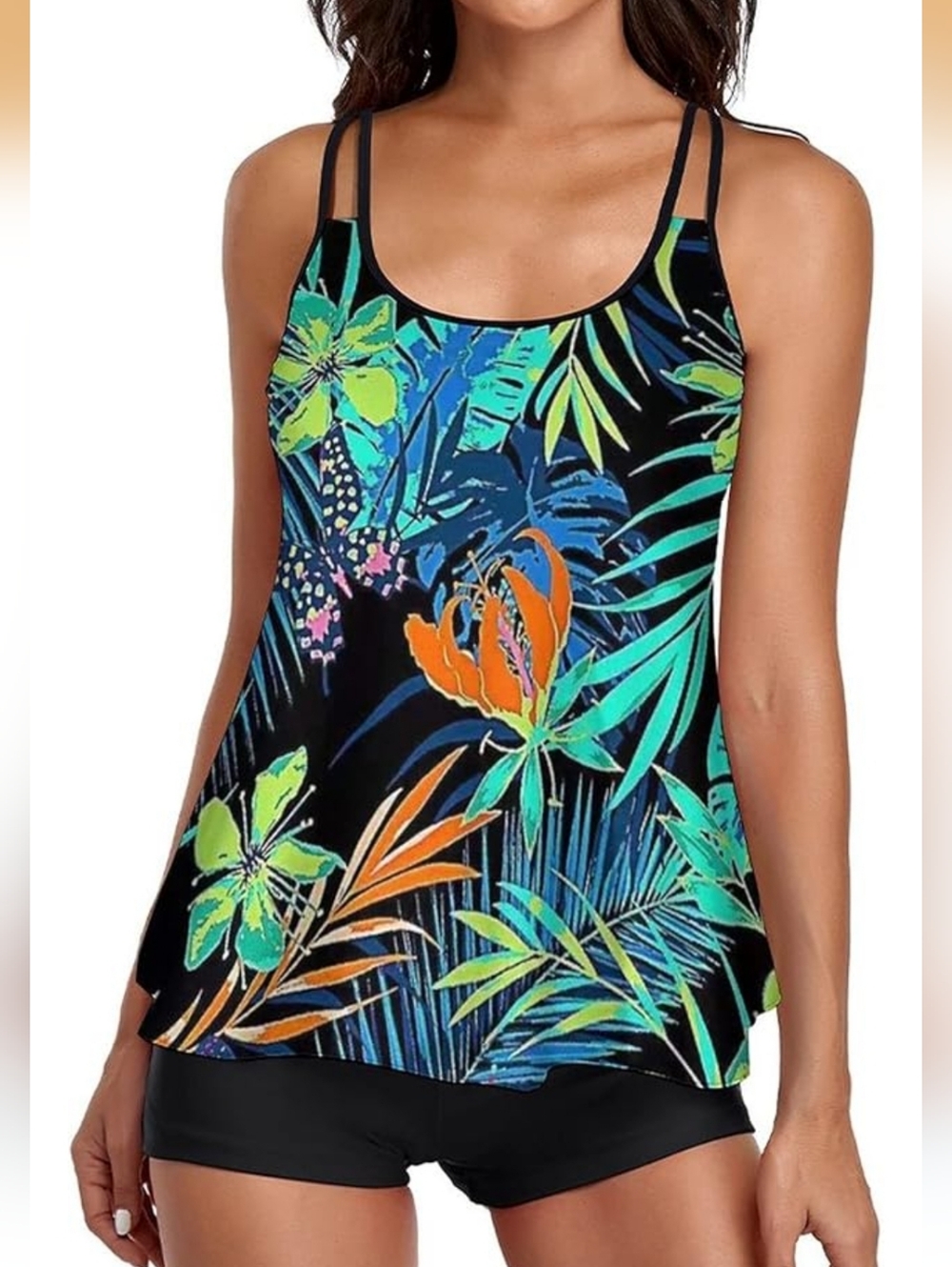 Floral Tropical Print Tankini Top - Black Multi